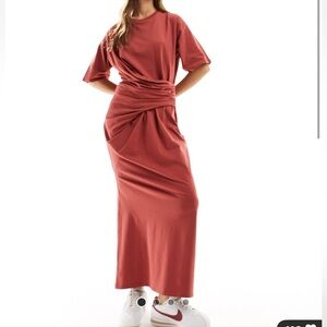 ASOS design short sleeve maxi dress with twist detail in Terracotta